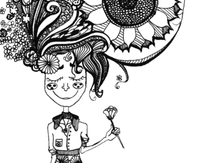 Grafika przedstawiająca dziewczynę z kwiatami we włosach