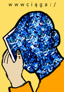 Plakat przedstawia postać której głowa jest ekranem połączonym na stałe ze smartfonem
